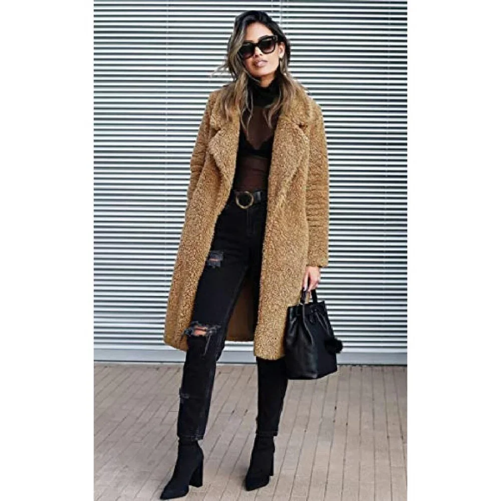 Women's Fuzzy Fleece Lapel Open Front Long Cardigan Coat Faux Fur